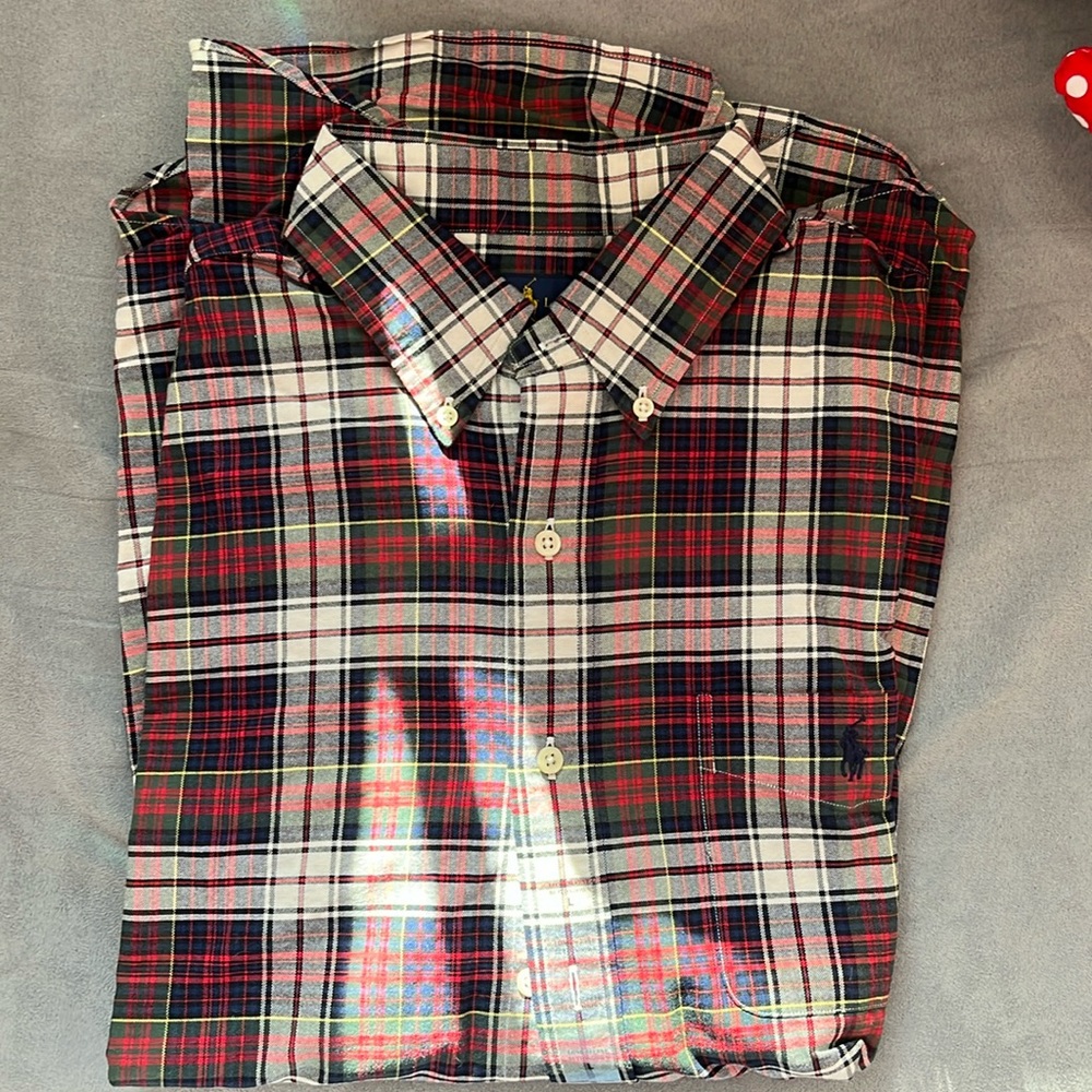 Red and gray plaid Ralph Lauren classic fit button down with chest pocket